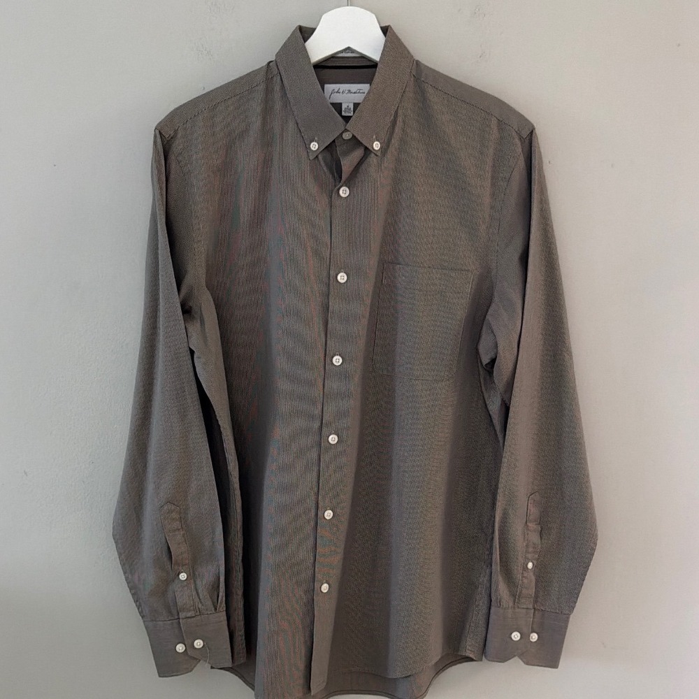 John W Nordstrom Men M Brown White Supima Cotton Micro Stripe Button Down Shirt